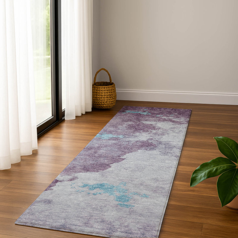 Premium Machine Washable Mayfield AMF2108 Abstract Rug, 2'3" x 7'6" Runner, Lavender