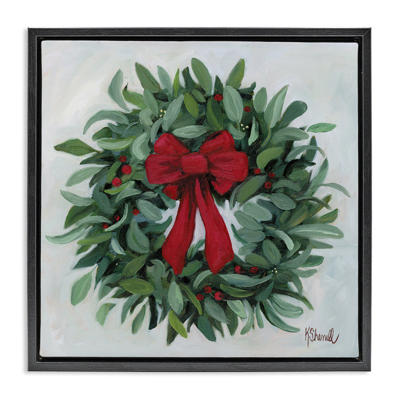 «Wreath with Red Bow», art mural par Kate Sherrill, H 18 po x l 18 po, Cadre flottant noir de jais