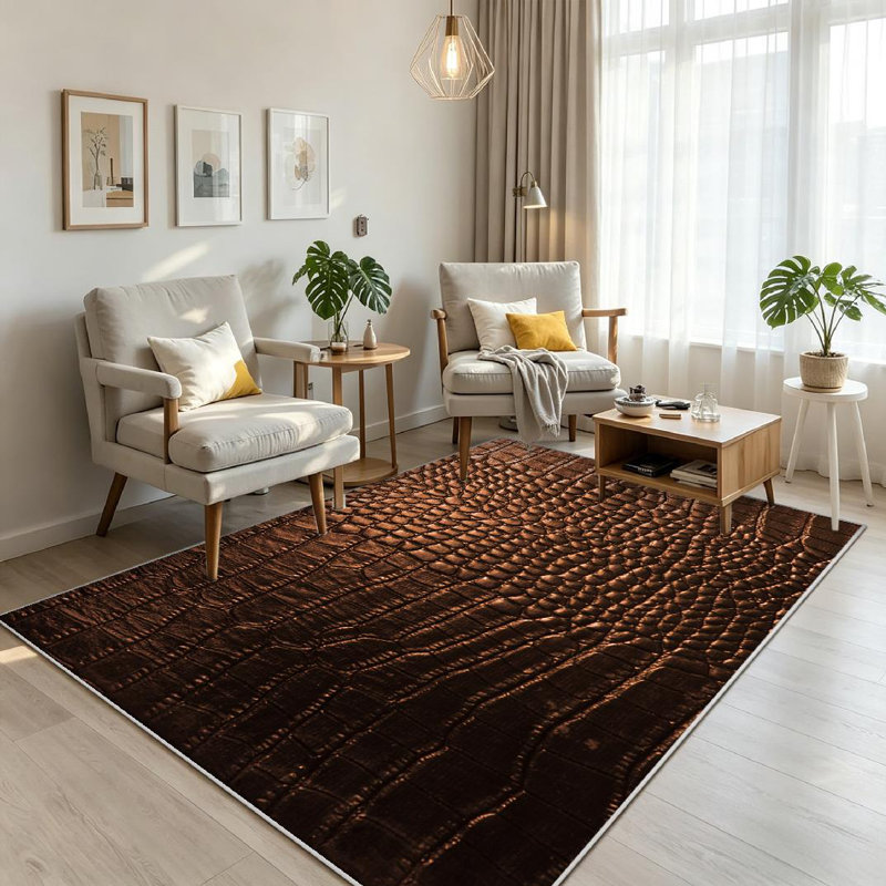 Brown Crocodile Leather Fancy Abstract Alligator Animal Art Bag Case Machine Washable Indoor Area Rug, Rectangle 71" x 98"