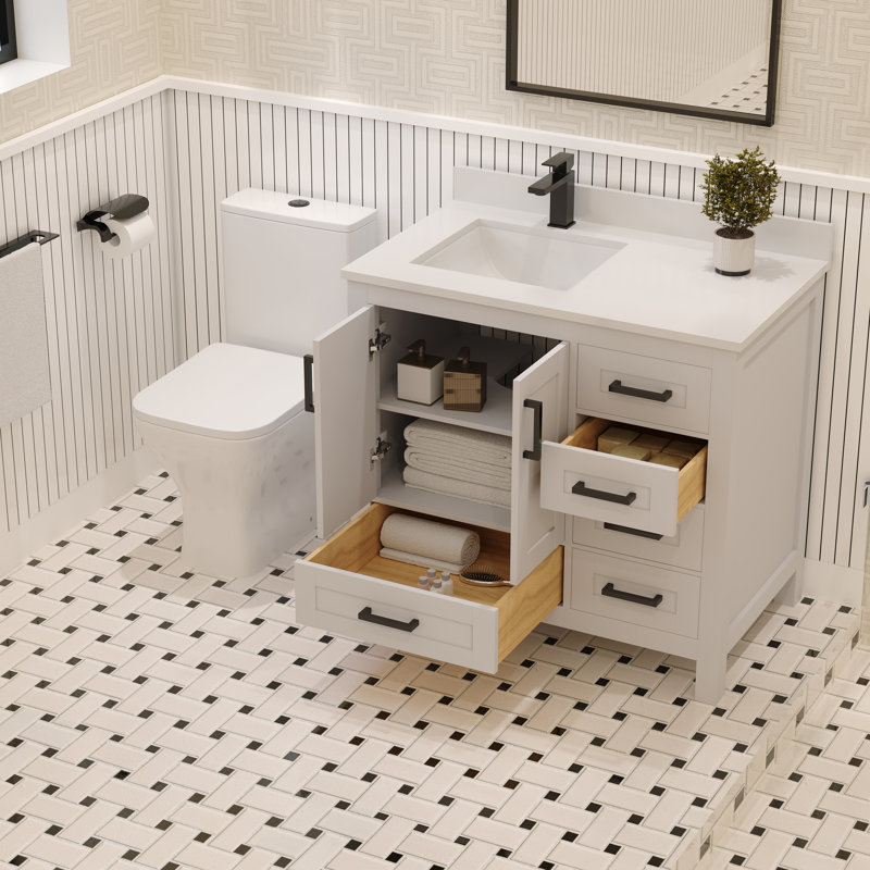 Meuble-lavabo simple 36 po avec plateau en quartz blanc Rooh, Blanc, Noir mat