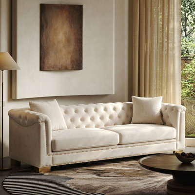 84-inch Velvet Roll Arm Sofa, Chesterfield Sofa for Living Room Upholstered Three-Seater Sofa Suitable for Living Rooms, Bedrooms, Apartments