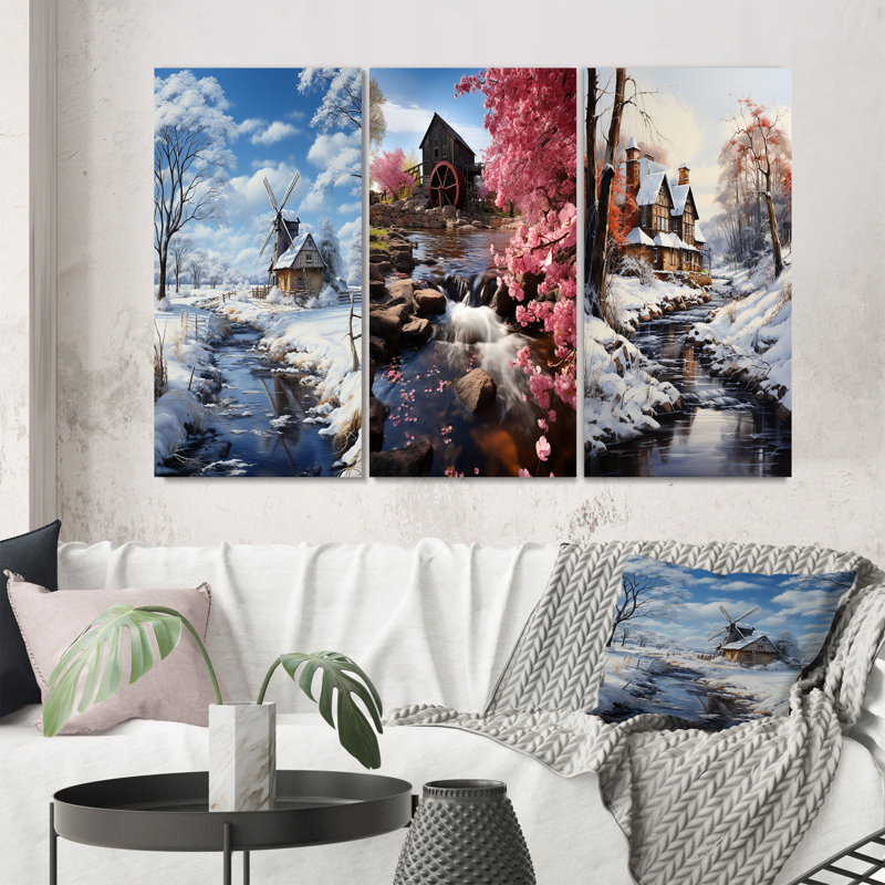 «White Milling In The Winter», 3 pièces sur toile, Toile tendue, H 32 po x l 48 po
