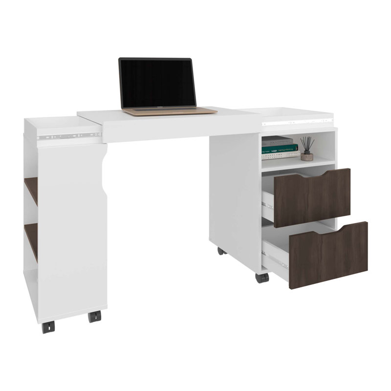 San Diego 54" Wide Two Drawer Expandable Desk  with Seven Shelves and Casters White - Dark Walnut