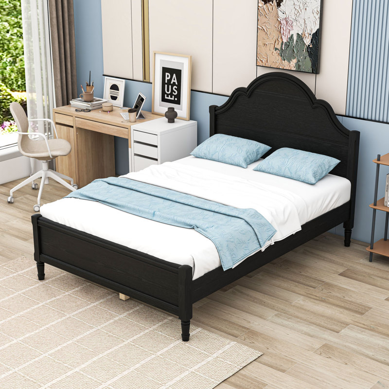 Lit plateforme en bois avec tête de lit et base à lattes robuste, Black, Full / Double