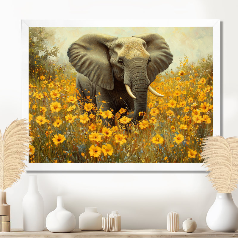 Éléphant de Gulbranson dans les prairies fleuries - éléphant, art mural grand, H 24 po x l 32 po, Floater Framed, Blanc