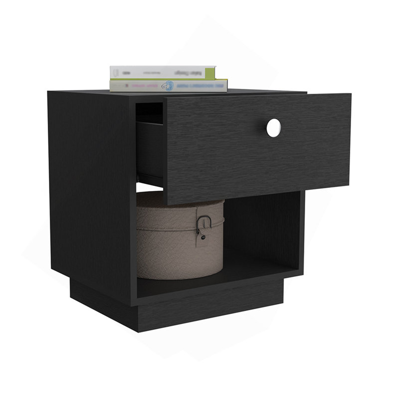 Paris 1 Drawer Nightstand, Open Lower Shelf, Black
