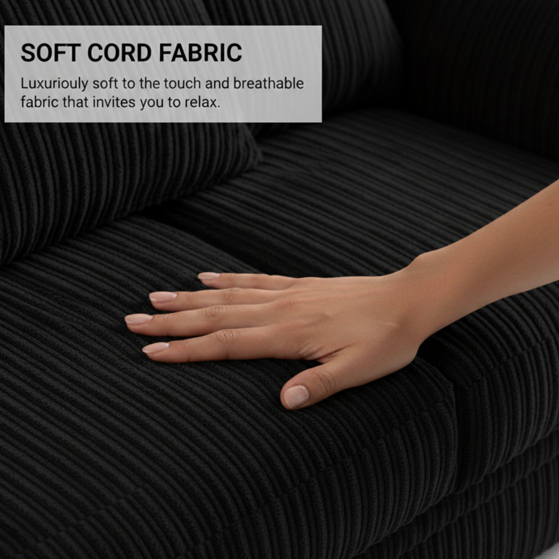 Soft Fabric Jumbo Cord 3 and 2 Seater Upholstered Living Room Sets, Black