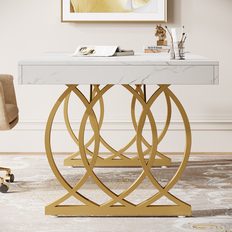 Bureau de direction 63 "avec base en métal, Blanc / Doré