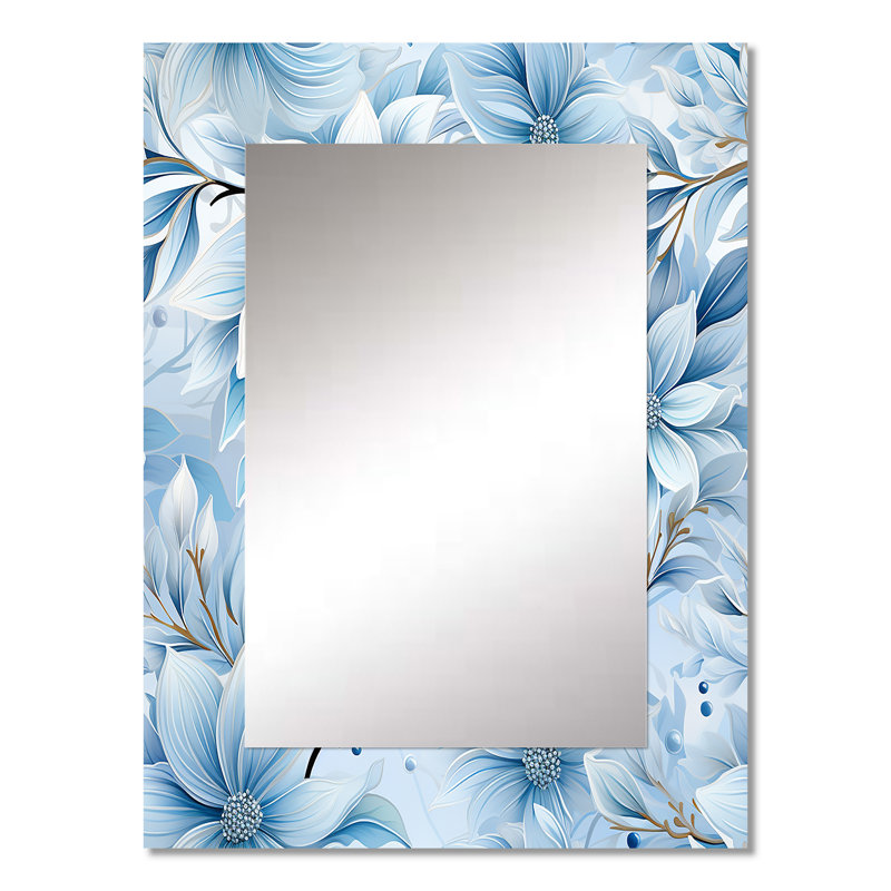 Jazmyn Arctique brise bleue marguerite - grand miroir floral, miroir mural décoratif de campagne, art en métal imprimé