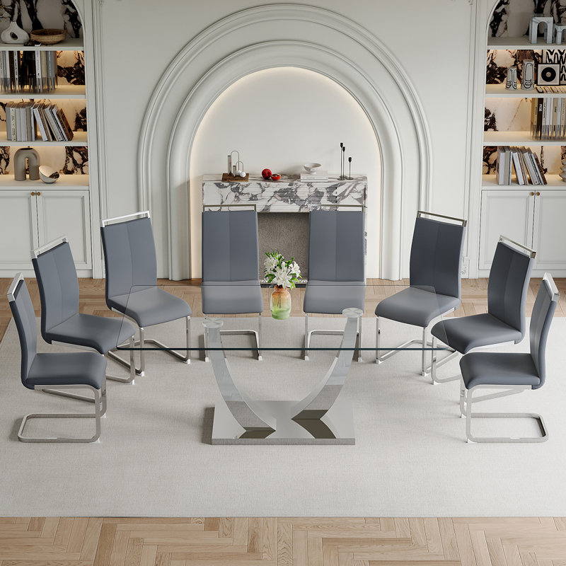 Ensemble de table de salle à manger en verre, 9, Gris