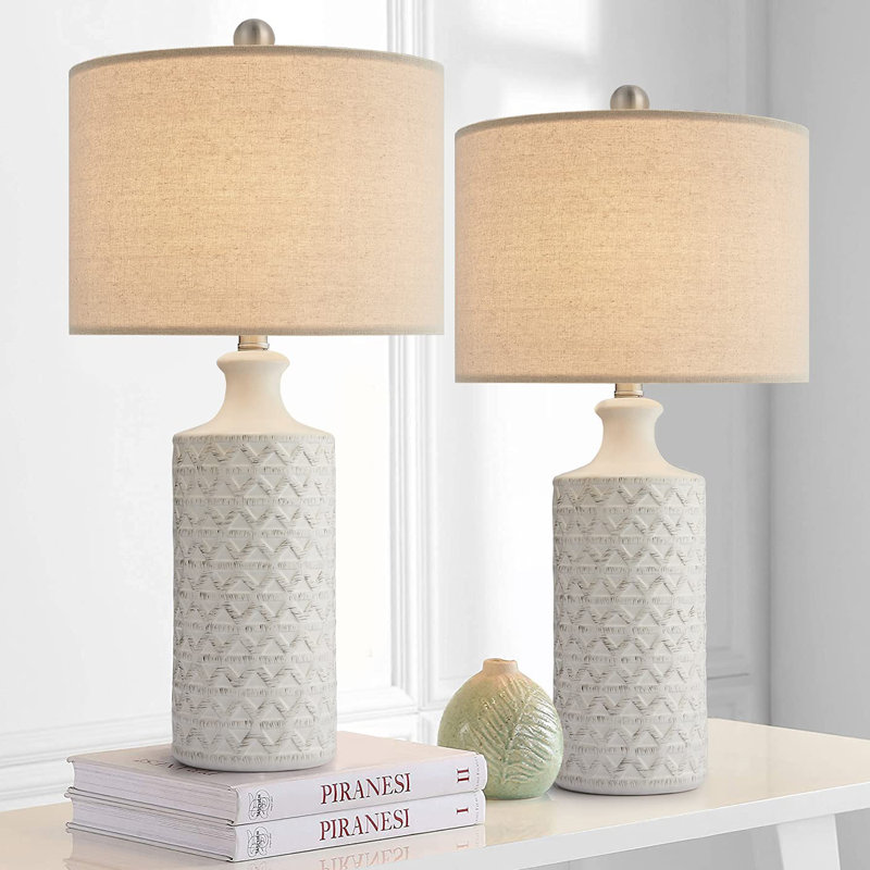 24.75'' White Ceramic Table Lamp Set with Beige Drum Shade