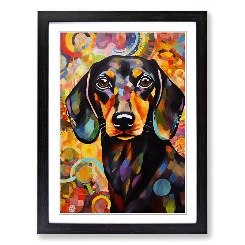 Dachshund Abstract - Single Picture Frame Print on Wood, 64cm H x 46cm W x 2" D, Black Framed