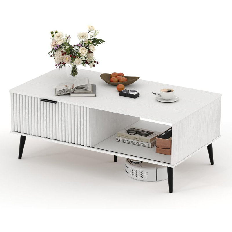 Coffee Tables for Living Room, Farmhouse Center Table with Hidden Storage and Fluted Sliding Door, Dining Table for Home Apartment Office