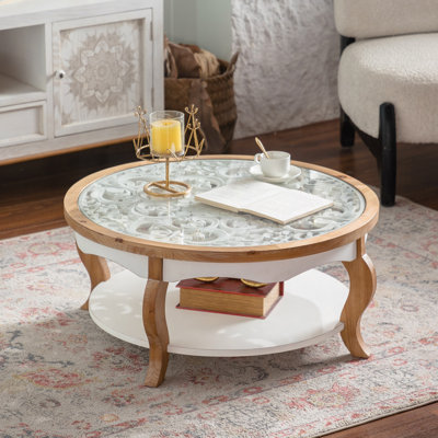 31.50" Round Coffee Table With Open Storage - Solid Wood & MDF + Tempered Glass Top, Farmhouse Style 2-Tier Coffee Table For Living Room