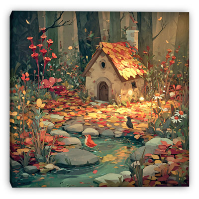 Storybook Cabin in Fall Woods Wrapped Canvas Wall Art