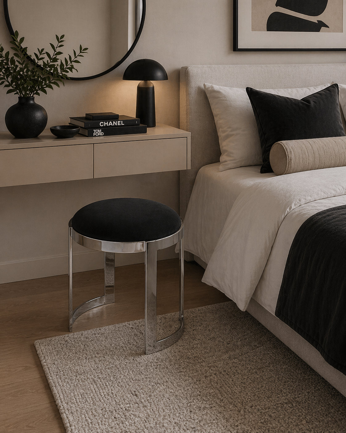 Nouri Accent Stool, Black Faux Leather, Silver 