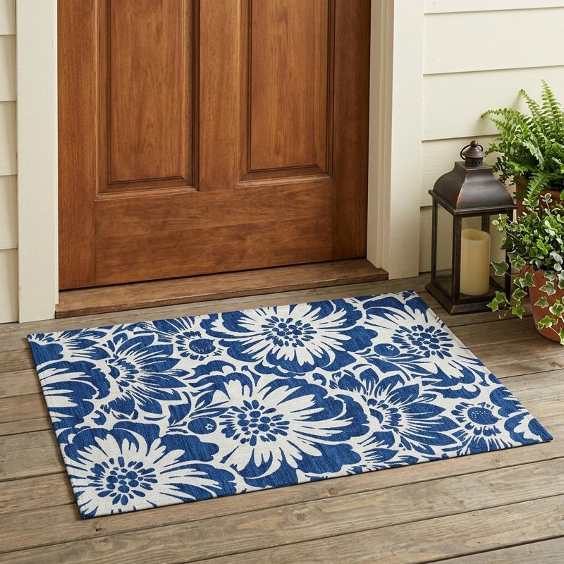 Tapis extérieur lavable antidérapant bleu marine et ivoire 2 pi x 3 pi