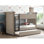 Lit superposé simple / simple en tissu beige avec système de lit gigogne et de lattes, orienté vers la gauche pour un accès sans couture, garniture de tête de lit d'Hb / Fb entièrement rembourrée, rail en bois, roulettes, cadre en bois rembourré, 4 pouces