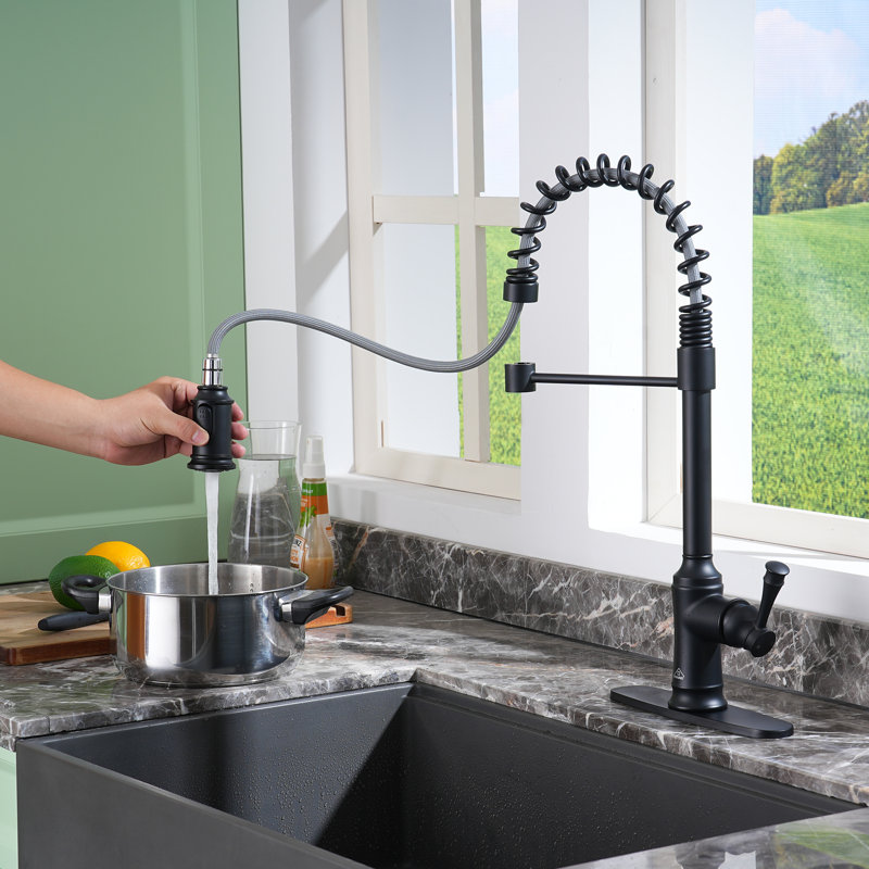 CASAINC Single-Handle Spring Pull-Down Kitchen Faucet Single Hole Faucet 1.8 GPM, Matte Black