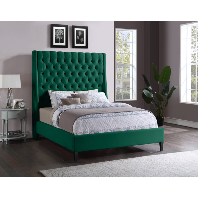 Dymph Upholstered Wingback Bed, Queen, Green Velvet