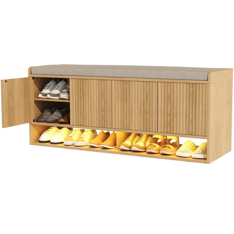 47.24''w Fluted Entryway Shoe Storage Bench With 4 Doors And Adjustable Shelf, Natural Wood