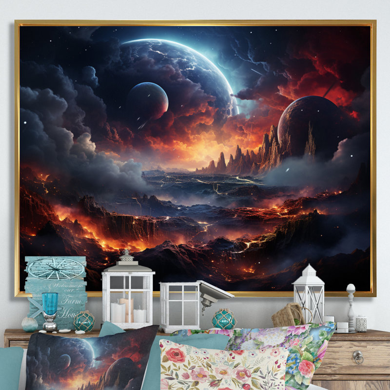 Orange, noir, astronomique, espace, rêves II, H 34 po x l 44 po x P 1,5 po, Cadre flottant doré