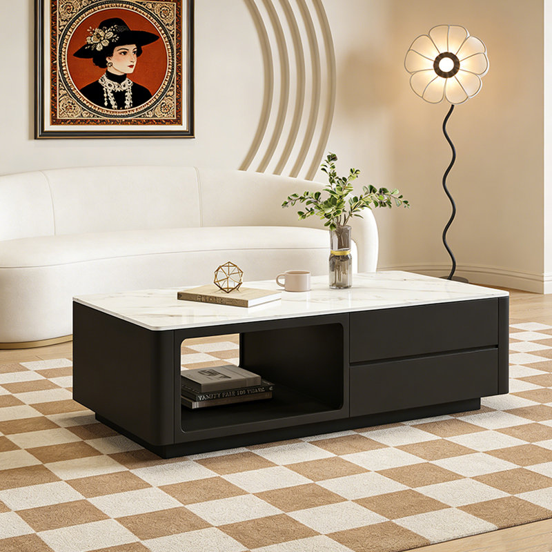 Table basse légère de luxe avec plateau en ardoise et tiroir, Blanc / Gris