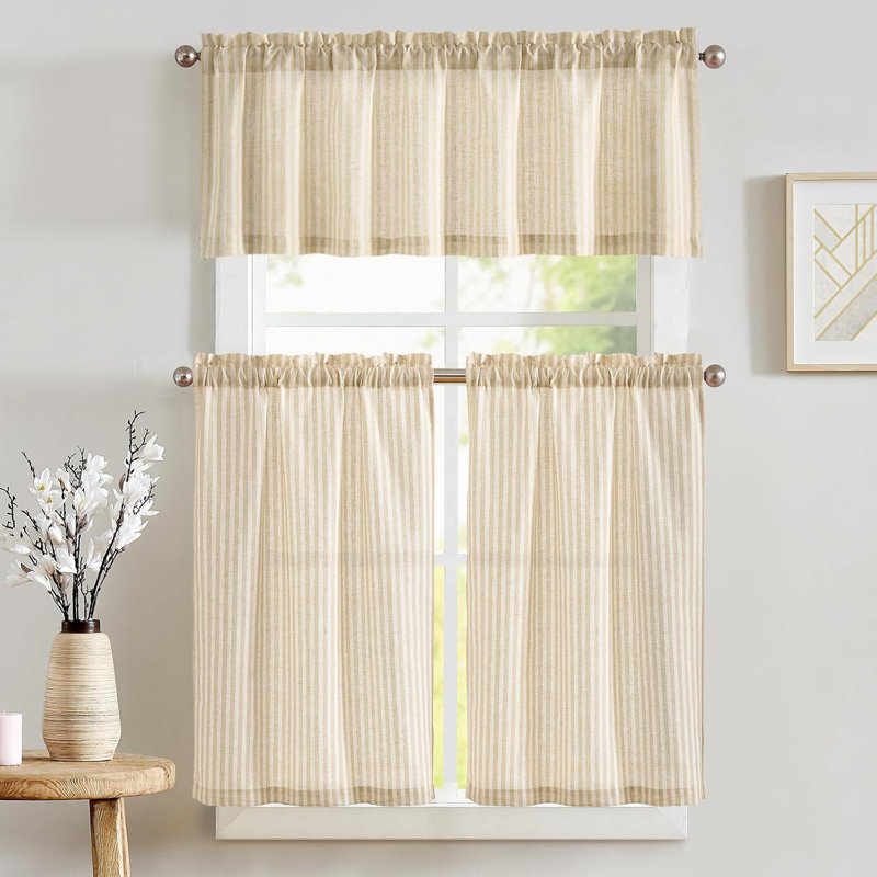 Rod Pocket Striped Kitchen Curtains, Beige, 52" W x 36" L