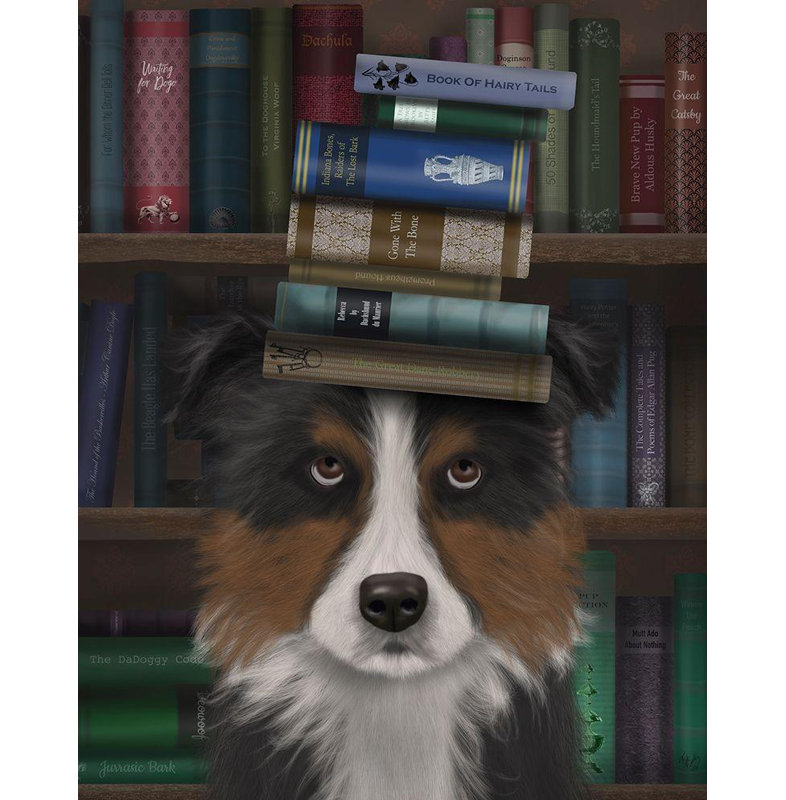 Art sur toile tendu Winston Porter Fab Funky Gallery: Border collie, tricolore et livres
