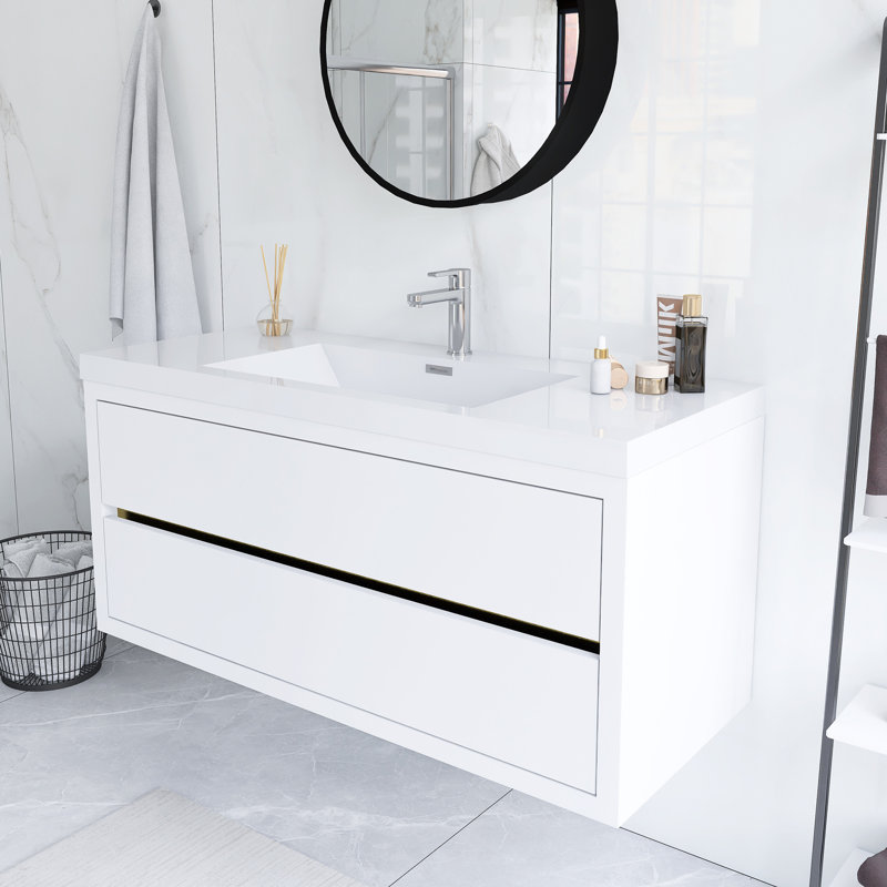 Meuble-lavabo mural simple 48 po avec comptoir en pierre composite intégré, Blanc brillant