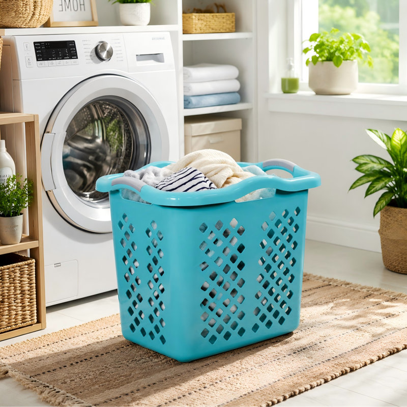 Teal 2-Bushel Plastic Laundry Baskets With Silver Handles — Diamond-Patterned Ventilation Design (Set Of 2)