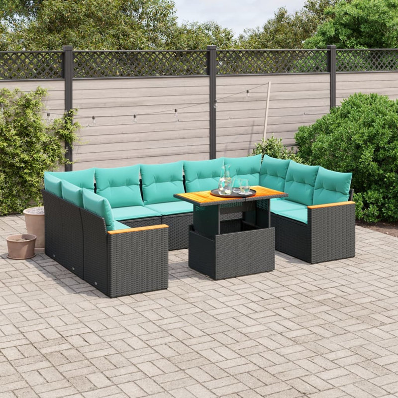  Ensemble de canapé de patio 11 pièces avec coussins en rotin de polyester, Noir, Vert