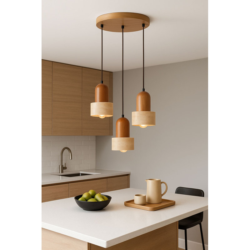 Lustre réglable élégant avec structure en placage de bois, finition beige et chêne | Capuchon en travertin de diamètre 12 po x 7,5 po | Hauteur: 9,4 à 60,6 po | 3 x douilles E27 (ampoule non incluse) | Parfait pour les salles à manger et les espaces de vie