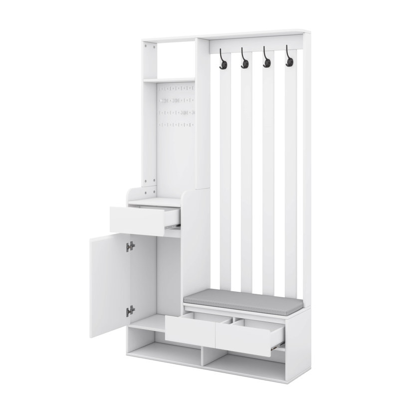 Arbre d'entrée polyvalent 6 en 1 avec banc de rangement rembourré, armoire à chaussures avec panneau perforé, portemanteau en bois avec 4 crochets