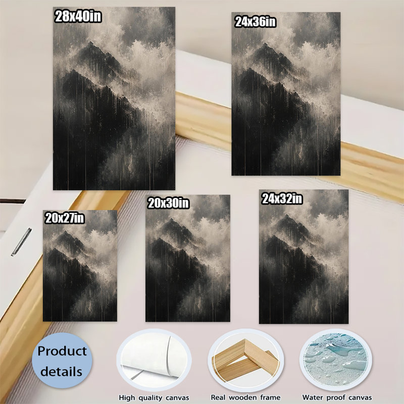 Chaîne de montagnes sombre et brumeuse avec effet de peinture qui dégouline, toile murale abstraite et mystérieuse pour une décoration de chambre minimaliste