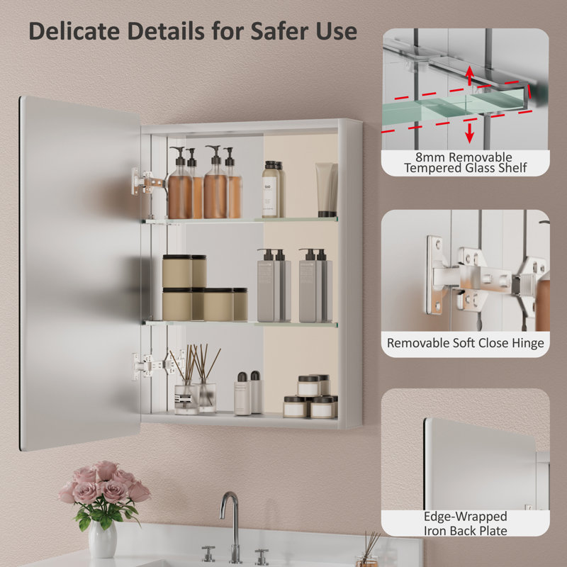 20" W X 28" H Surface or Recessed Mount Medicine Cabinet with Mirror, Aluminum Frame and Adjustable Tempered Glass Shelves for Makeup, Shaving or Bathroom Vanity Storage