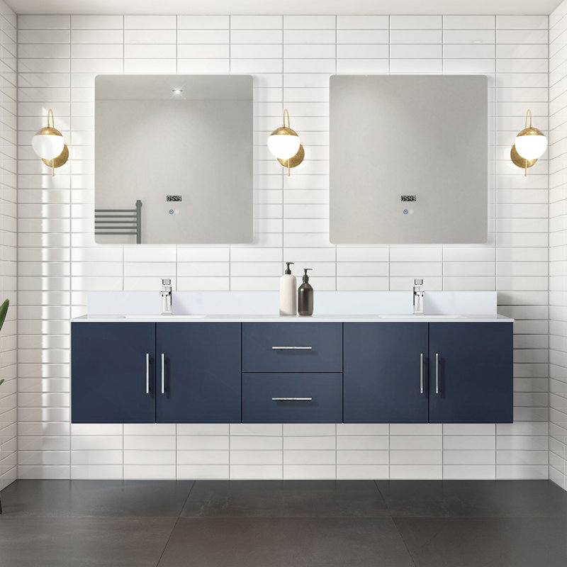 Meuble-lavabo double bleu marine 80 po X P 22 po D, plateau en quartz blanc et ensemble de robinet