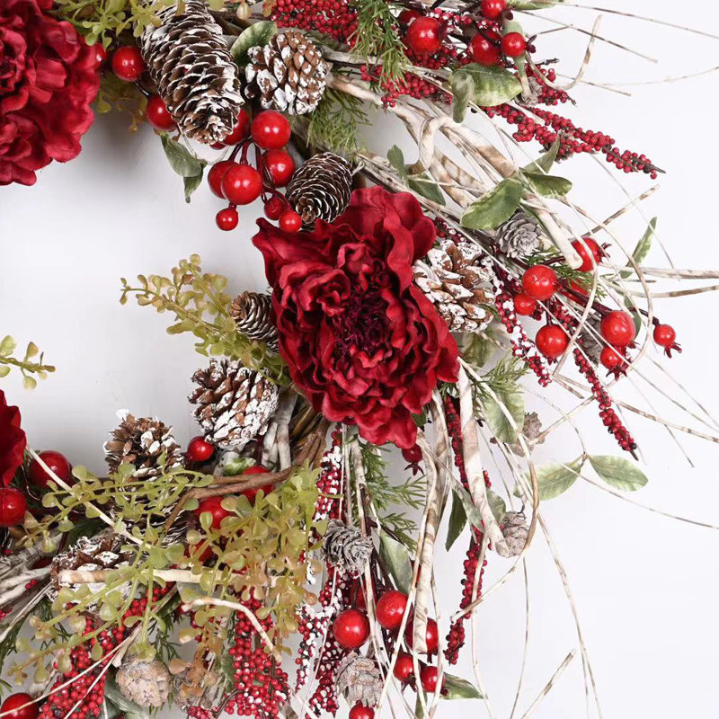 26" Artificial Winter Pinecone Berry Birch Christmas Day Peony Floral Wreath - Thumbnail 3