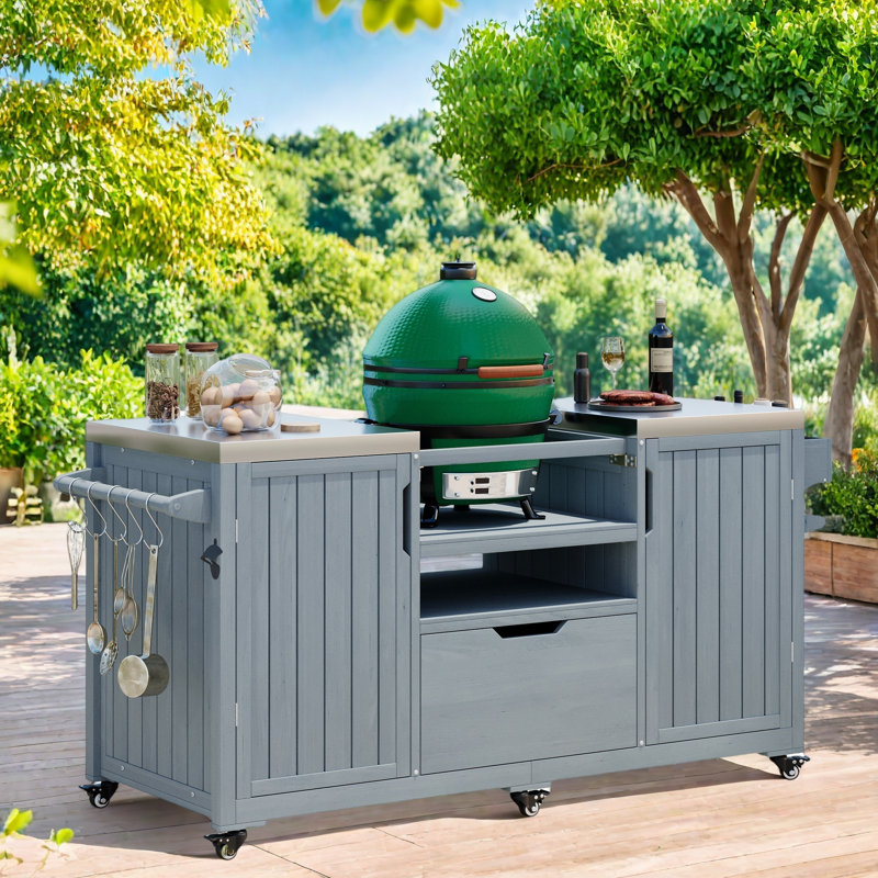 Outdoor Kitchen Island With Stainless Steel Top, 1 Drawer, Storage Shelves, Sturdy Spice Rack, Paper Towel Rack, 5 S-hook Hangers, And A Bottle Opener