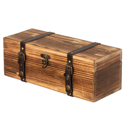 Vintage Wooden Wine Gift Box Rustic Single Bottle Holder With Locking Latch Decorative Brass Accents Faux Leather Straps Keepsake Storage Chest For We by Millwood Pines