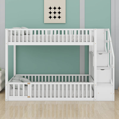 Lit superposé simple au-dessus d'un lit simple avec échelle de rangement et garde-corps, lit superposé simple en bois pour enfants, adolescents, adultes