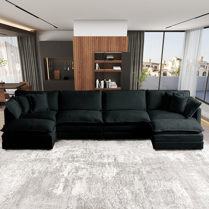 Canapé modulaire 146,5 po en forme de U avec repose-pieds mobile, Chenille noir