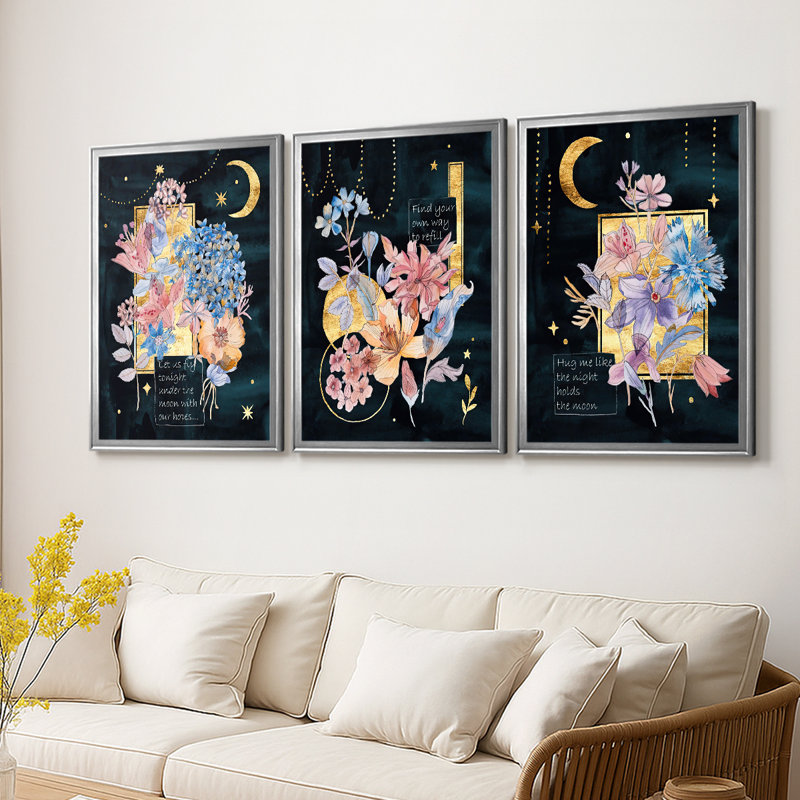 Moonlight Flowers I - Toile tendue avec châssis sur mesure - 3 pièces