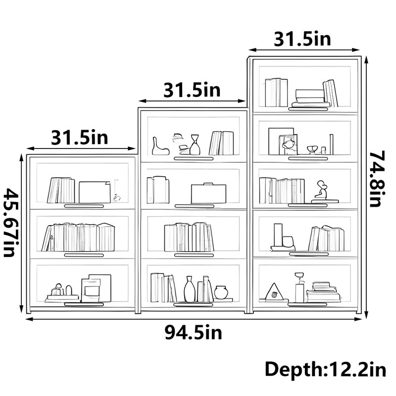 Bibliothèque de rangement noire Luxury Style, (12 tablettes) H 74,8 po x l 94,5 po x P 12,2 po