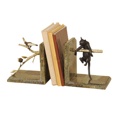 Pursuit Cat and Bird Motif Bookends