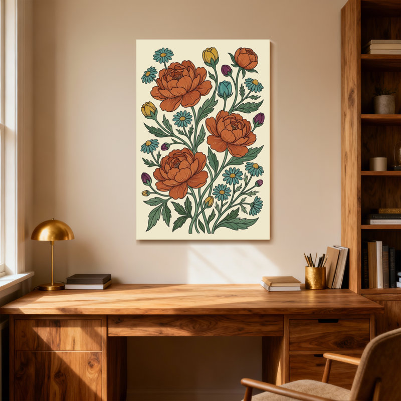 Plantes et fleurs avec motif floral orange et bleu, H 18 po x l 12 po