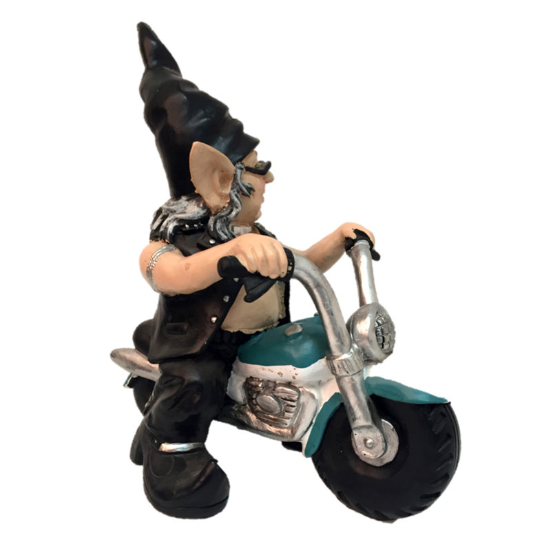 Statue de jardin motard né-à-tour gnome motard, Bleu sarcelle / noir / blanc