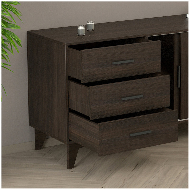Meuble télé Parker avec portes coulissantes et tiroirs en brun foncé