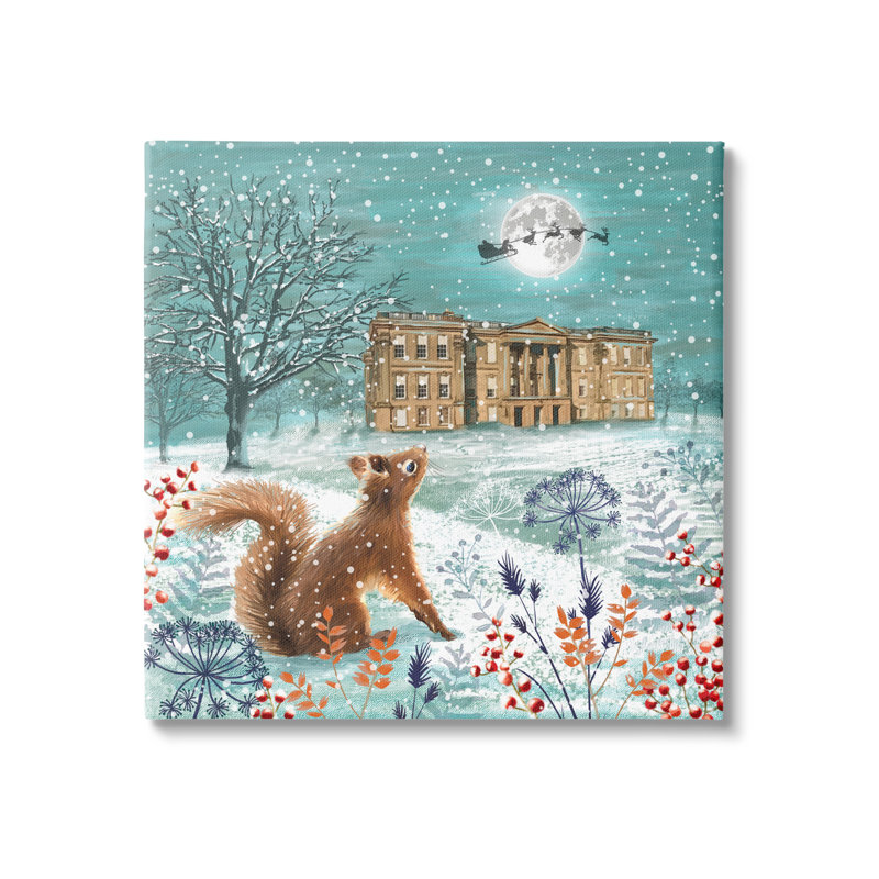 Écureuil regardant le père Noël sur toile, H 17 po x l 17 po x P 1,5 po