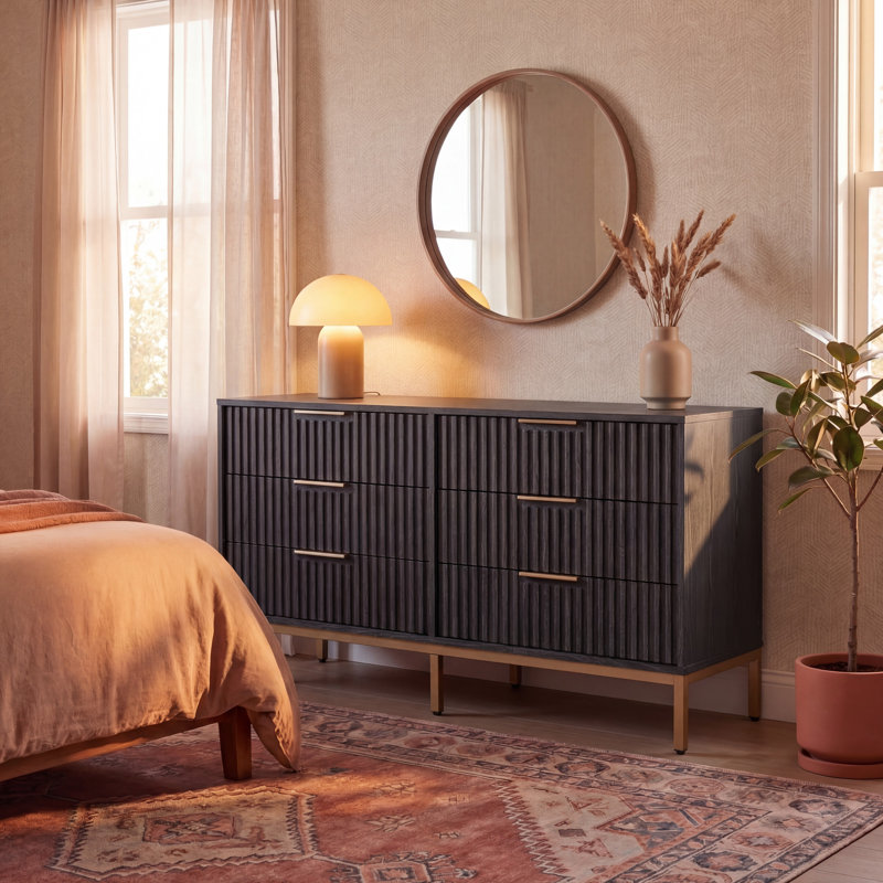 Commode 6 tiroirs Burgess, Noir vieilli / or